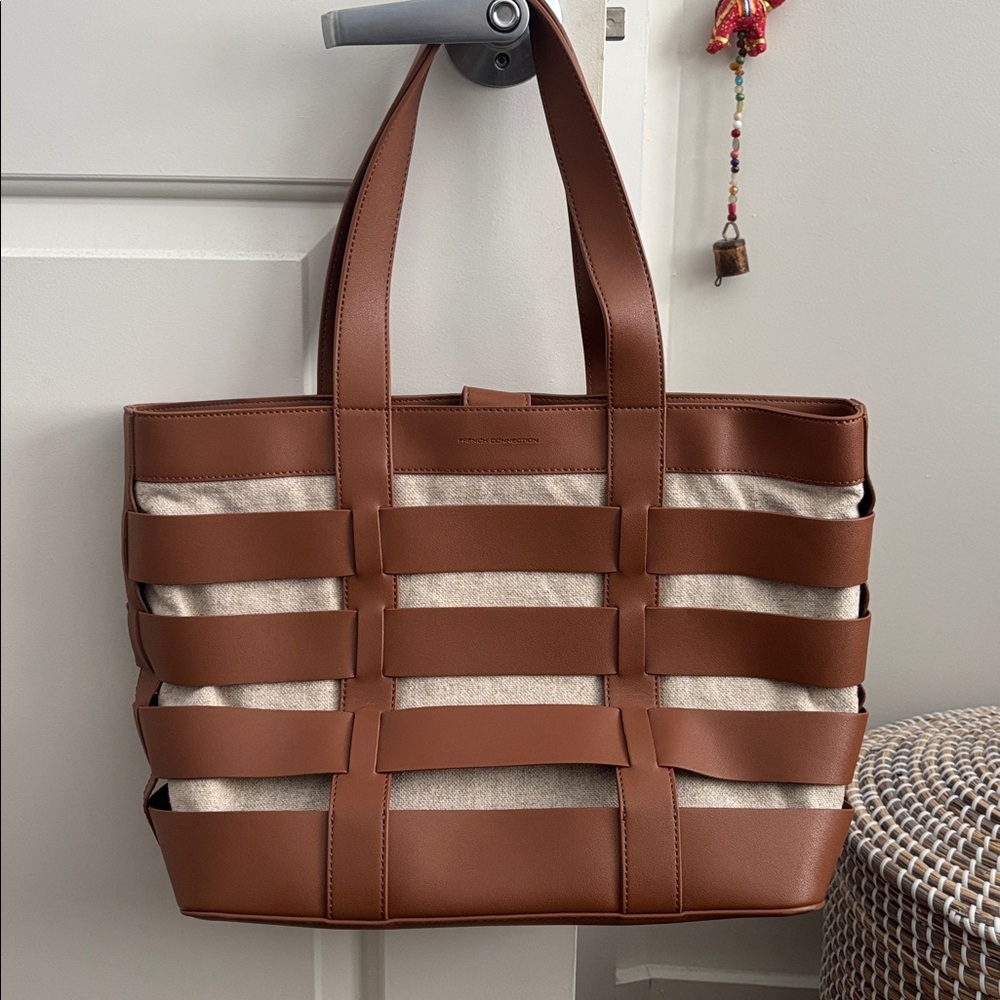 NWOT French Connection Eden Shopper brown leather/linen woven striped tote